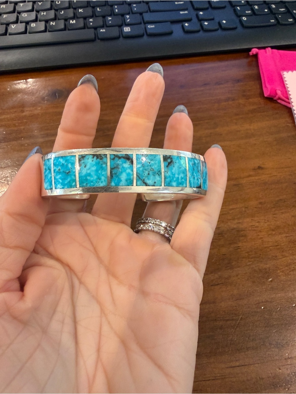 Lazaro Gutierrez Navajo Sterling Silver Turquoise Inlay Cuff Bracelet 6.5